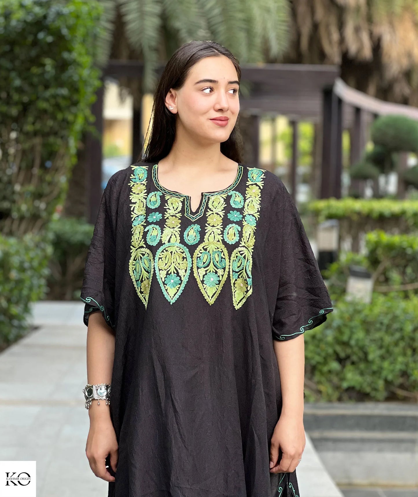 Black Baadam Design Embroidered Short Kaftan