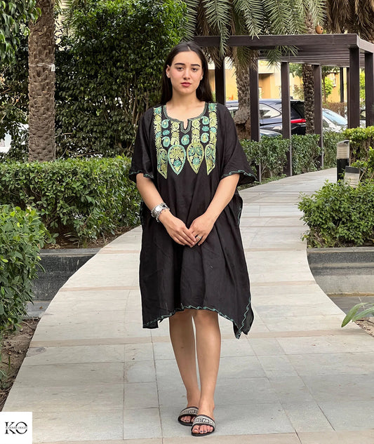 Black Baadam Design Embroidered Short Kaftan