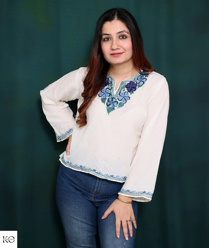 White Cotton Short Kurti With Blue Embroidery