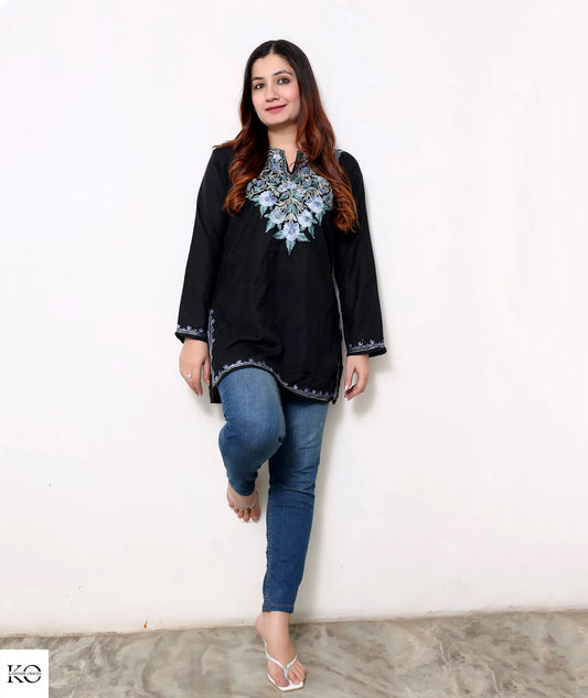 Black Cotton Short Kurti With Blue Embroidery