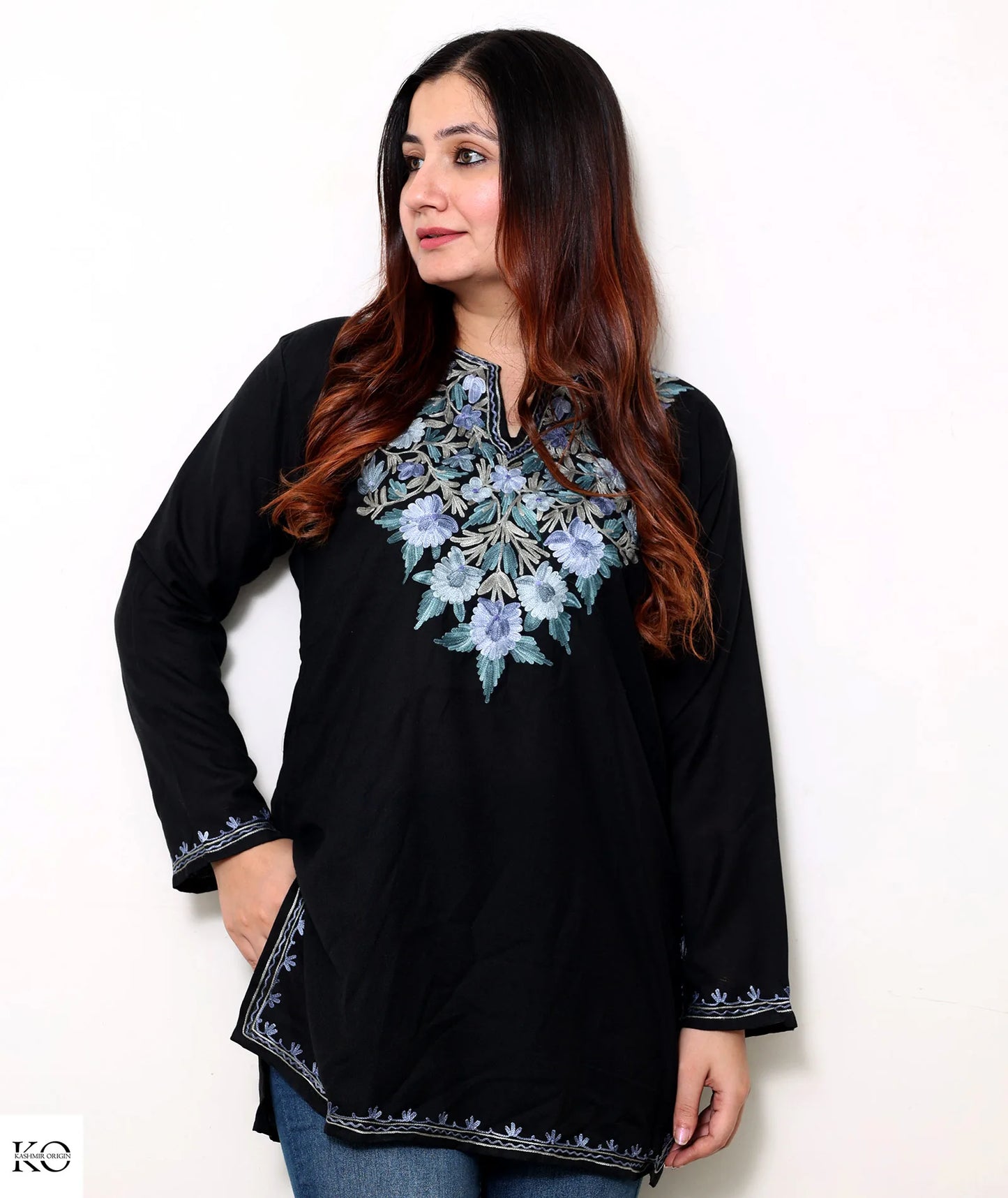 Black Cotton Short Kurti With Blue Embroidery