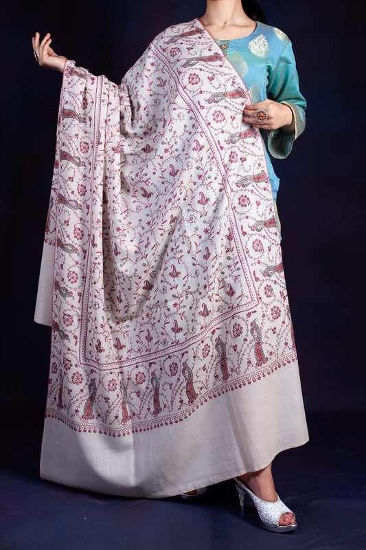 White Jaalidaar Pink Sozni Embroidered Shawl