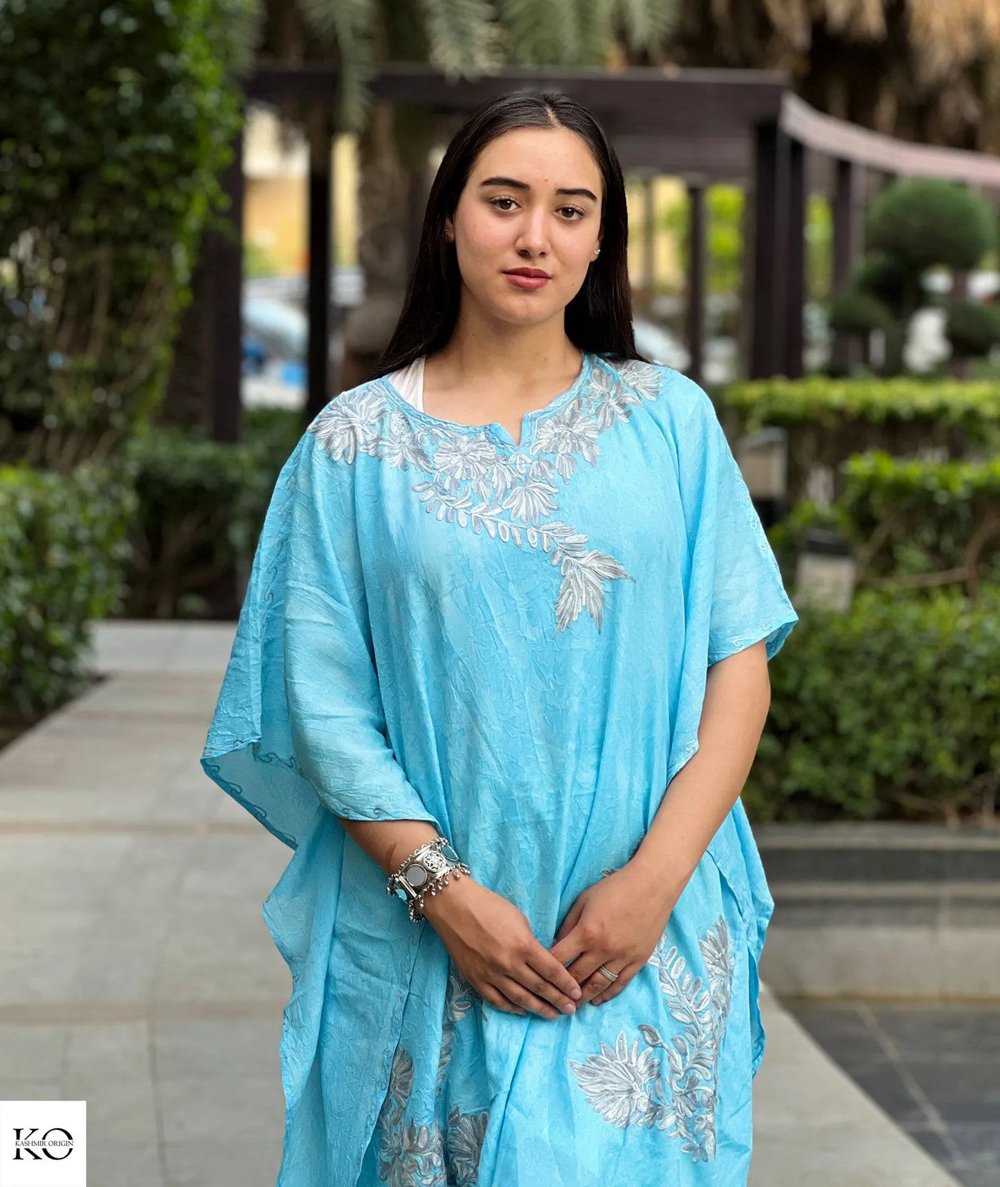 Sea Green Embroidered Short Cotton Kaftan