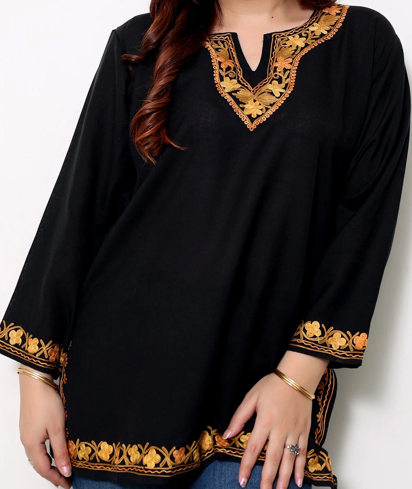 Black Cotton Short Kurti With Brown Embroidery