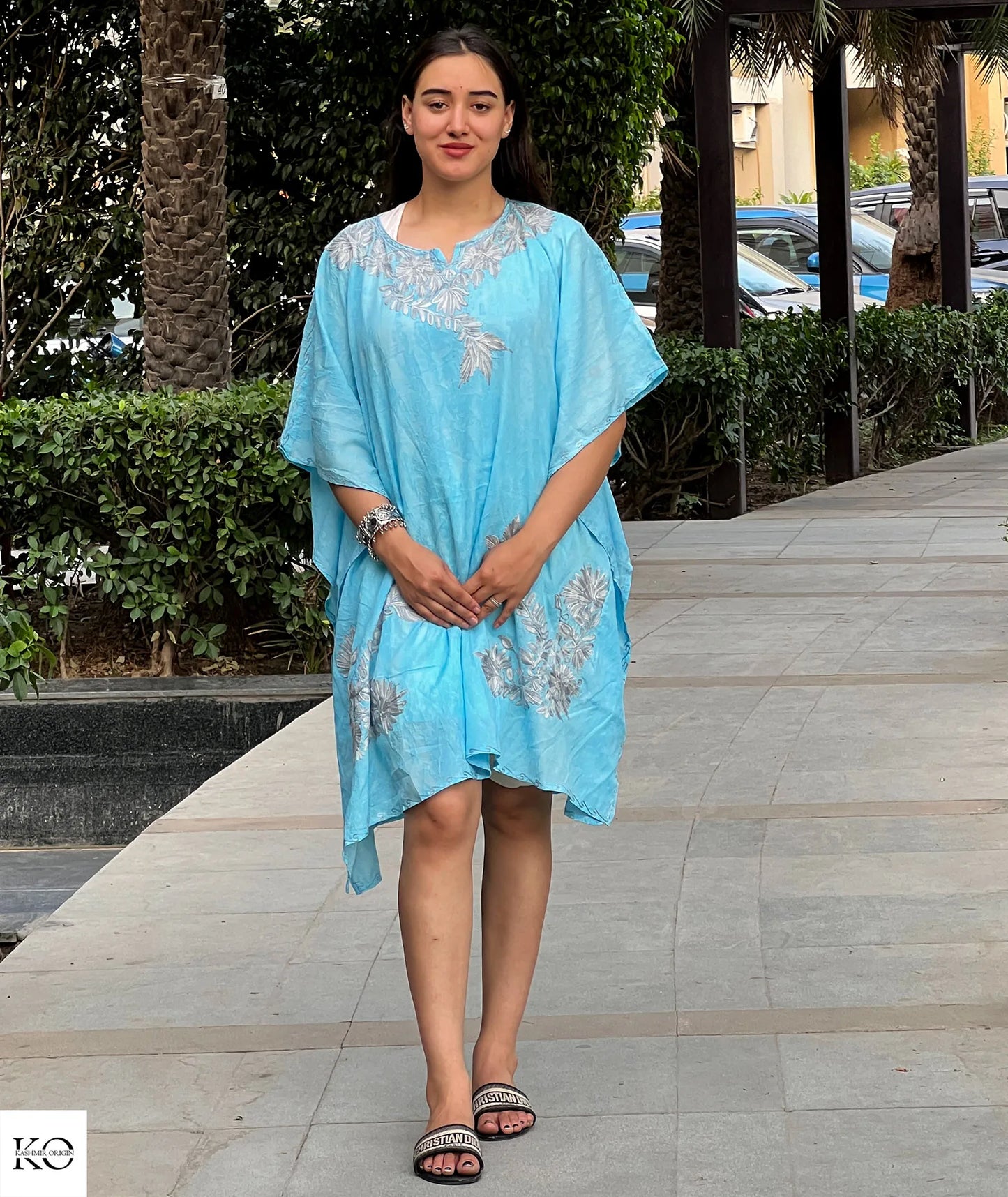 Sea Green Embroidered Short Cotton Kaftan