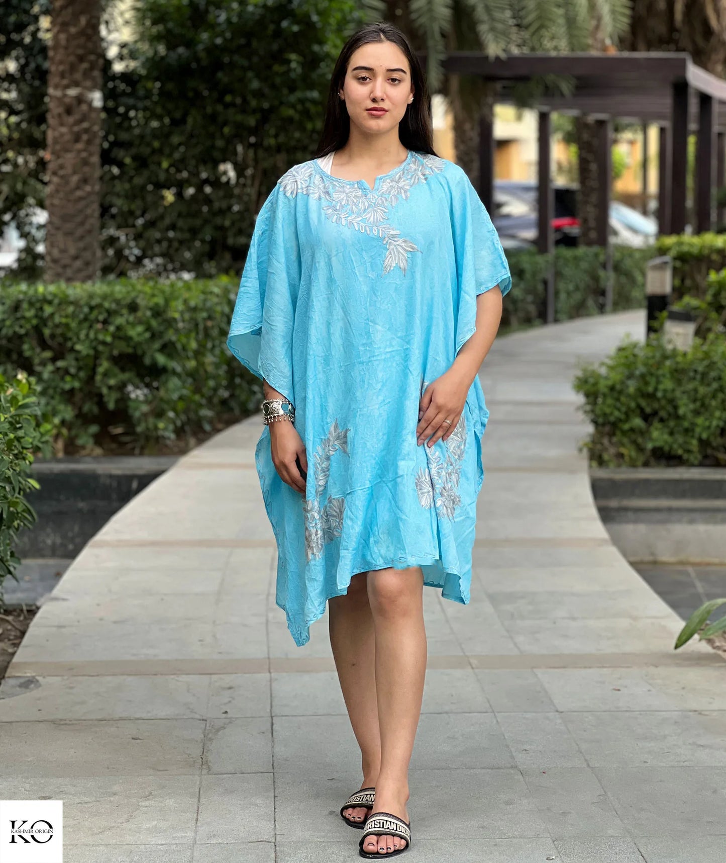 Sea Green Embroidered Short Cotton Kaftan