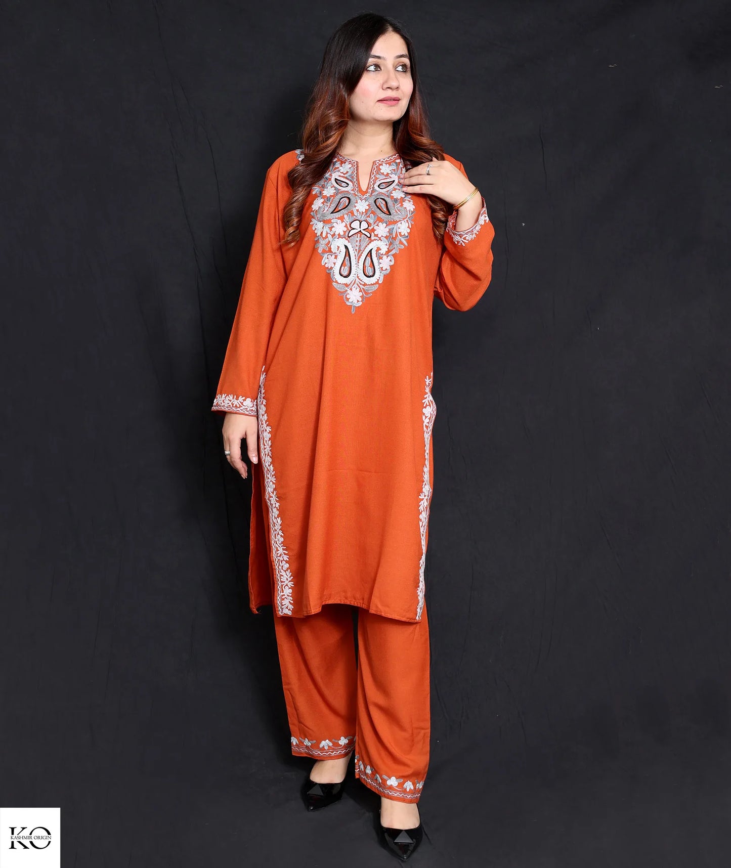 Pasley Design Aari Embroidered Rust Cotton Co ord Set |Full Suit