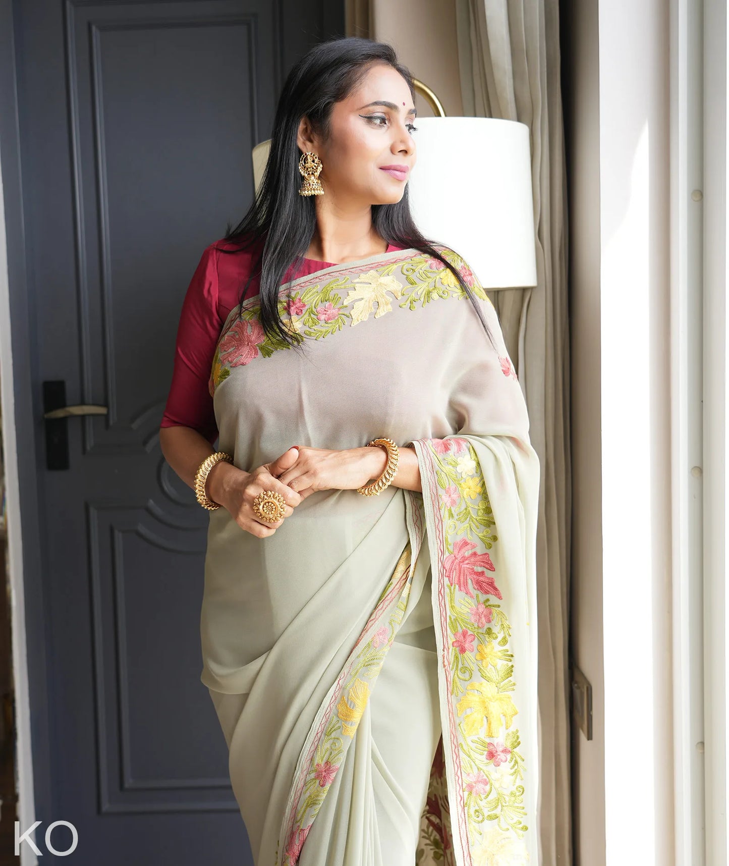 Chinar Aari Embroidered Grey Georgette Saree