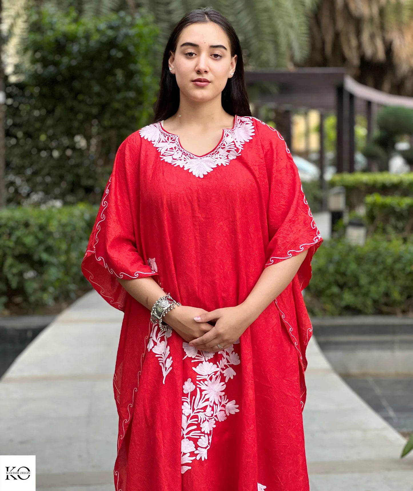 Red & White Embroidered Cotton Kaftan