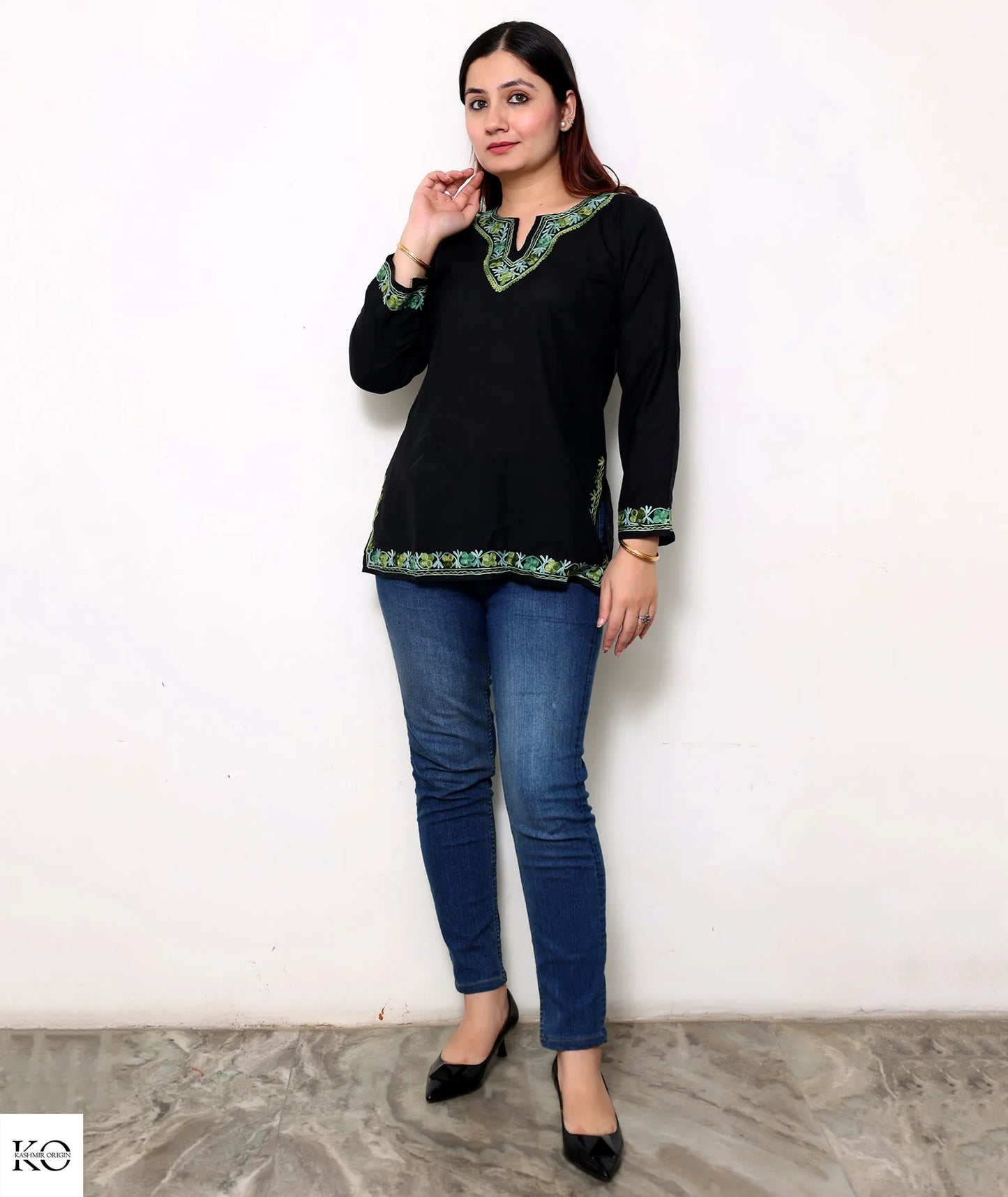 Black Cotton Short Kurti With Green Embroidery