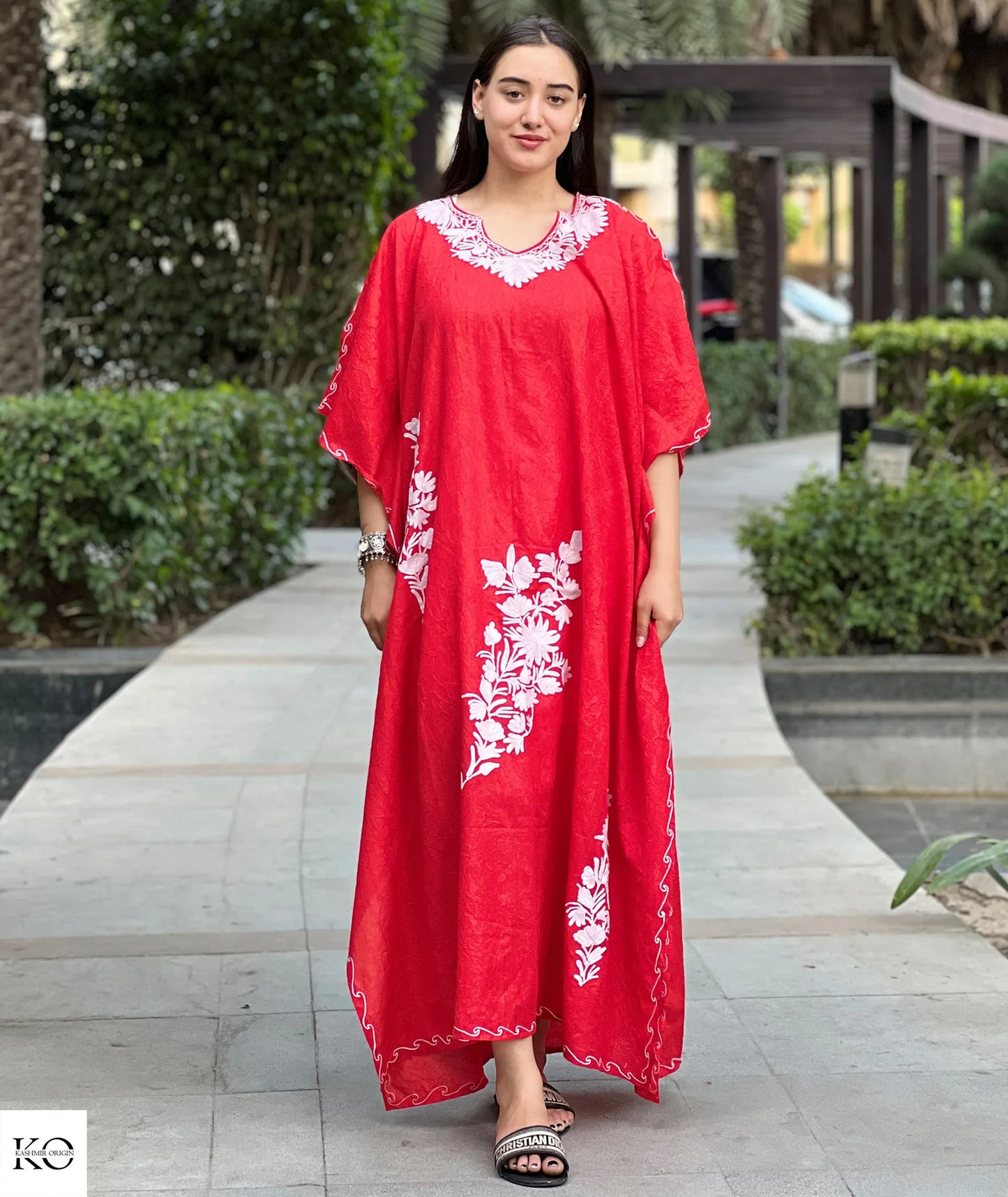 Red & White Embroidered Cotton Kaftan