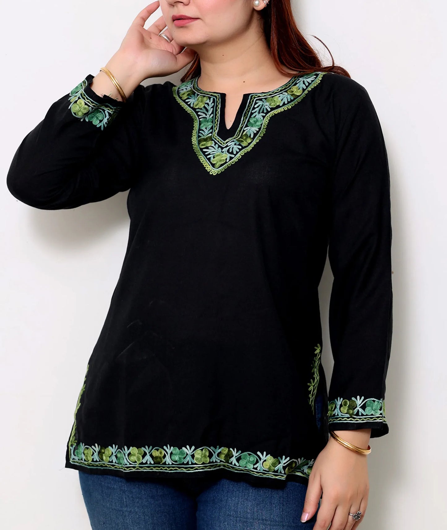 Black Cotton Short Kurti With Green Embroidery