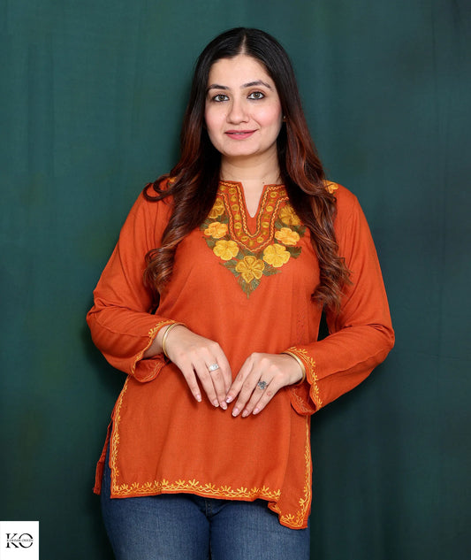 Rust Cotton Short Kurti With Yellow Embroidery