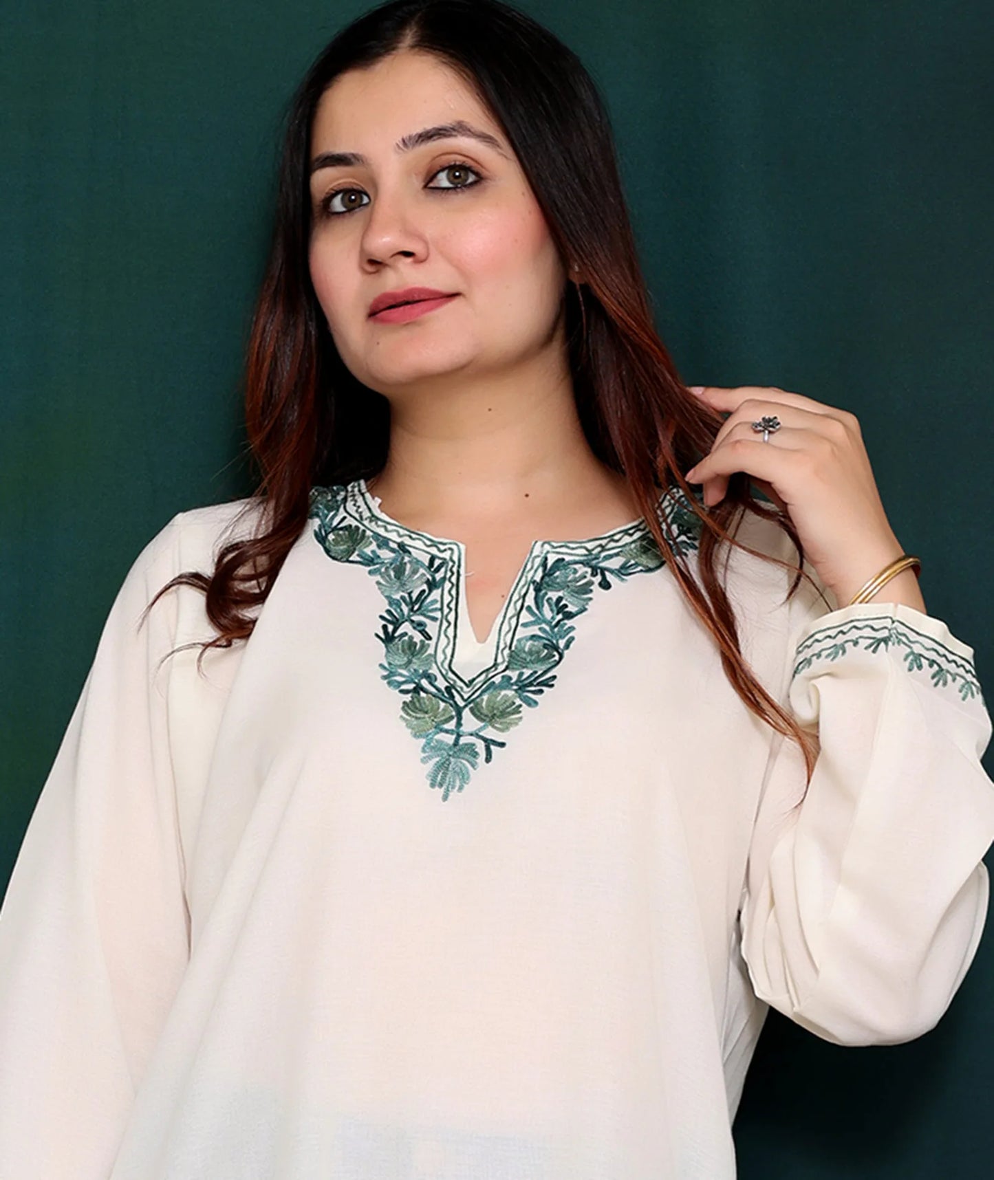 White & Green Embroidered Cotton Kurti