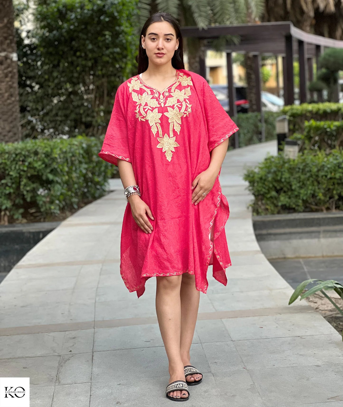 Magenta With Golden Zari Embroidered Short Kaftan