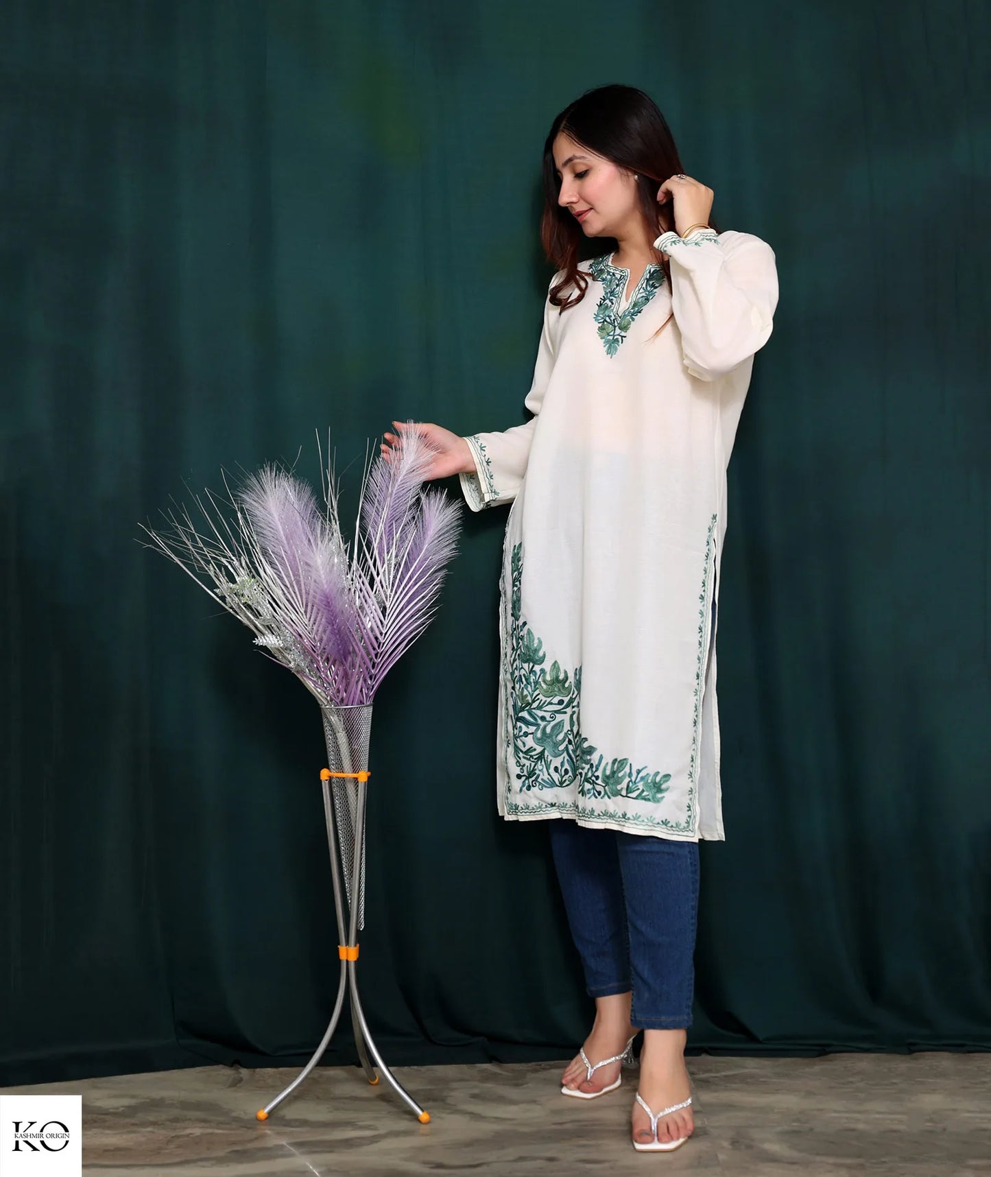 White & Green Embroidered Cotton Kurti