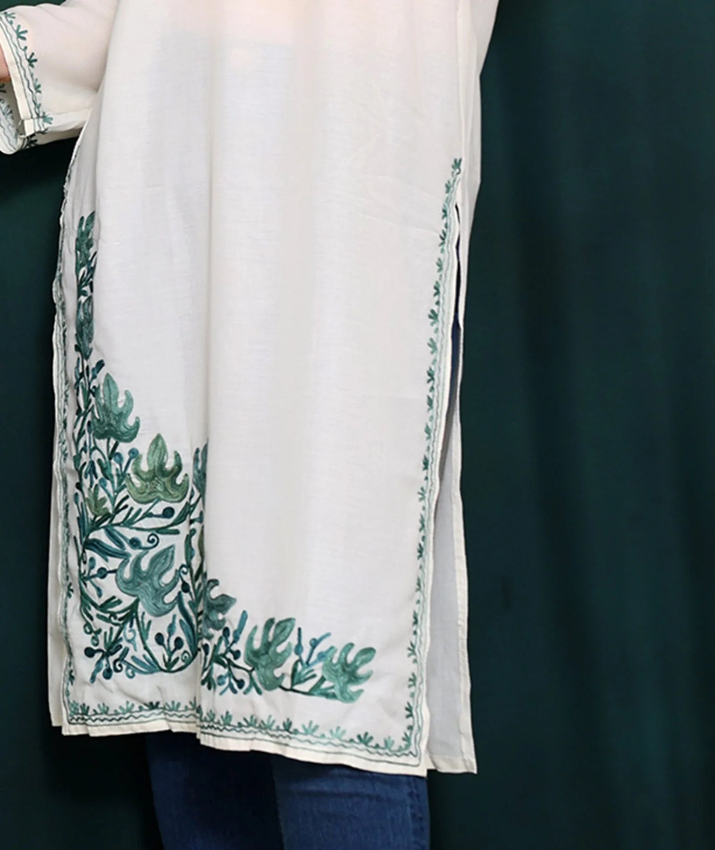 White & Green Embroidered Cotton Kurti