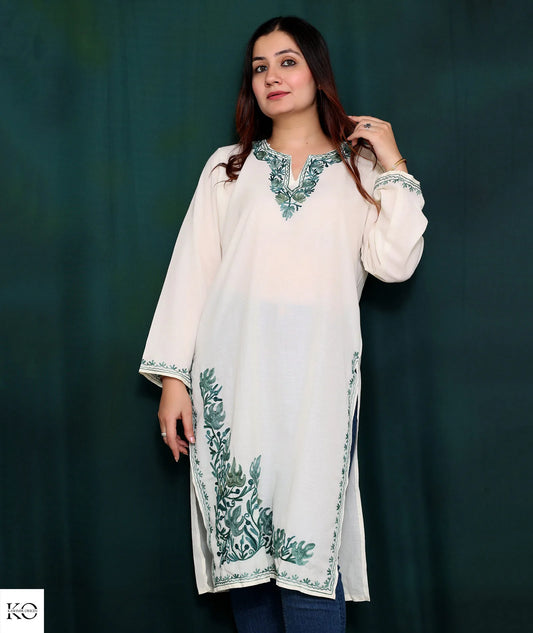 White & Green Embroidered Cotton Kurti