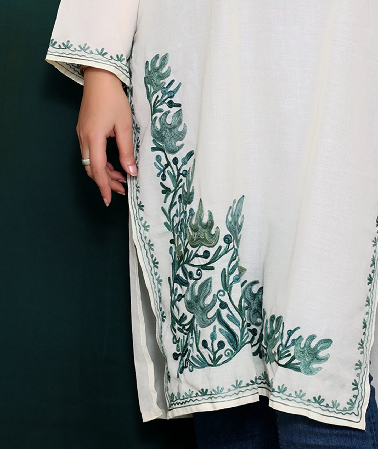 White & Green Embroidered Cotton Kurti