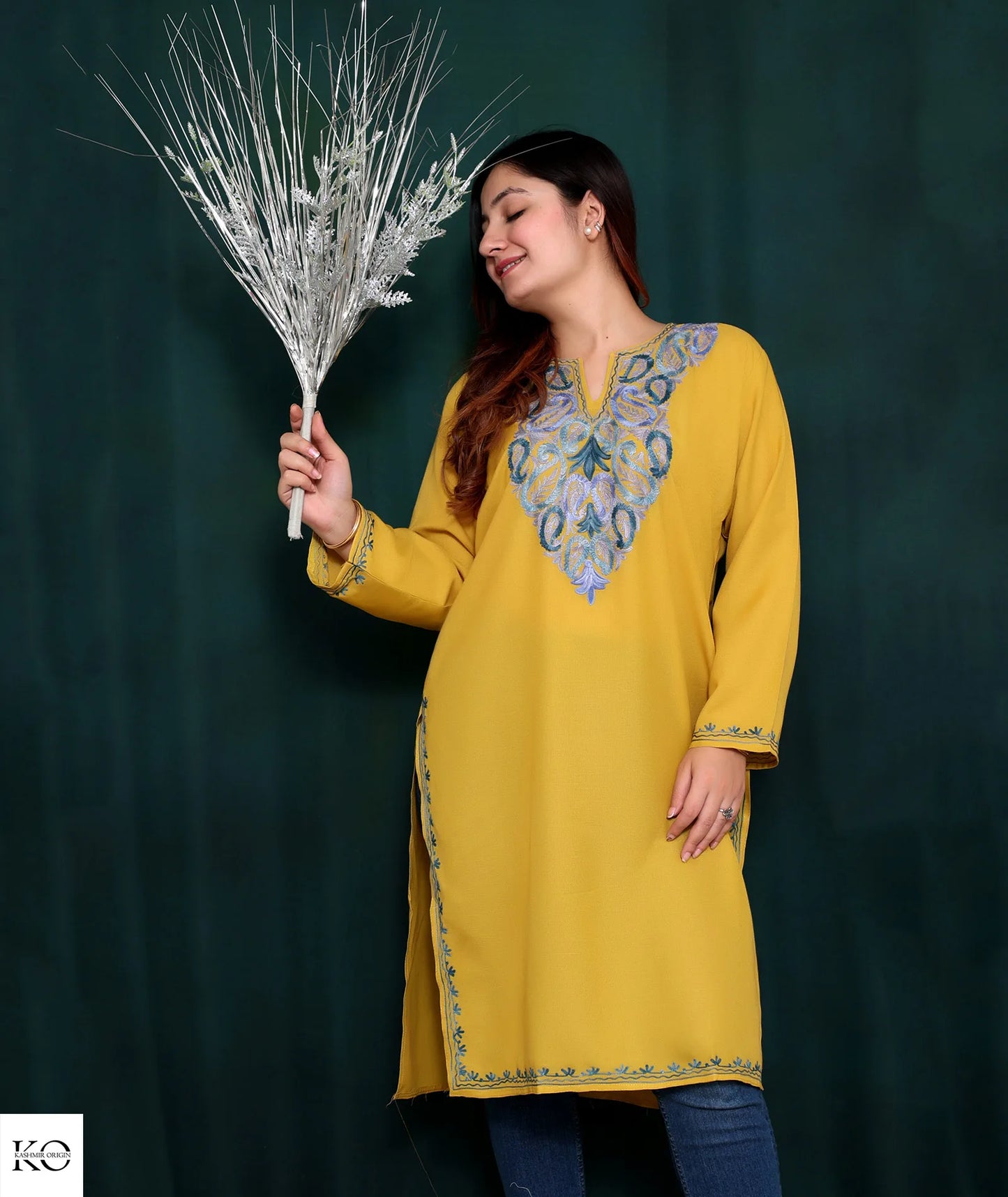 Yellow base Pasley Embroidered Cotton Kurti