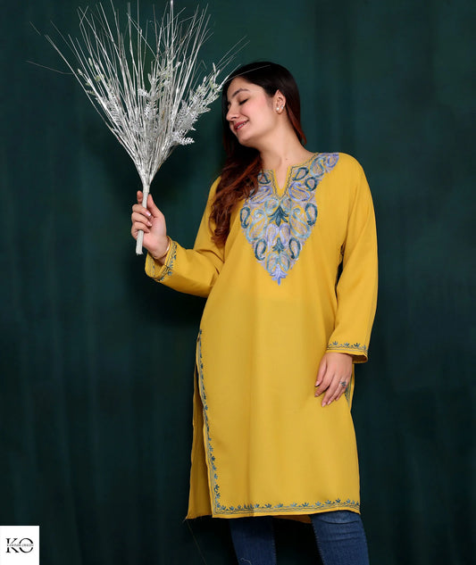 Yellow base Pasley Embroidered Cotton Kurti