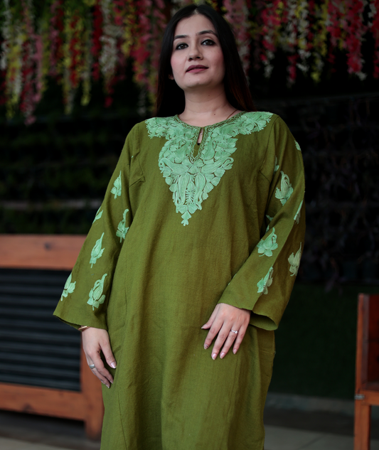 Green Tone on Tone Aari Embroidered Pheran