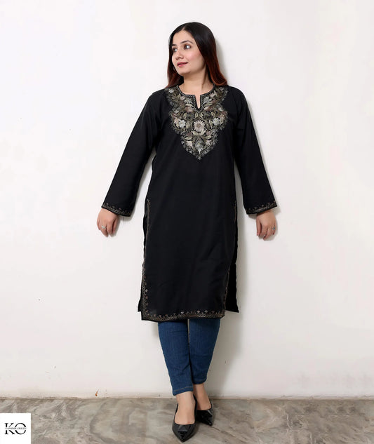 Black base Elegant Design Embroidered Cotton Kurti