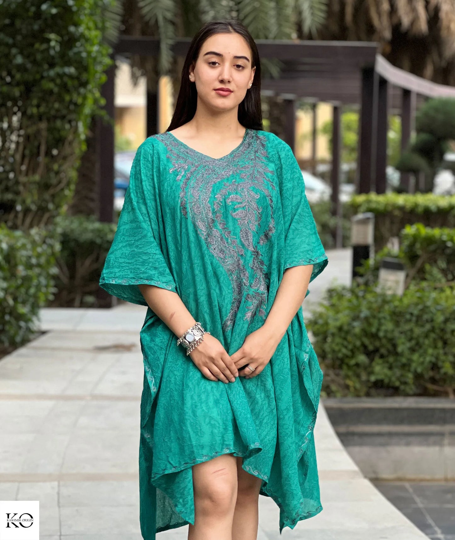 Forest Green with Black Zari Embroidered Short Kaftan