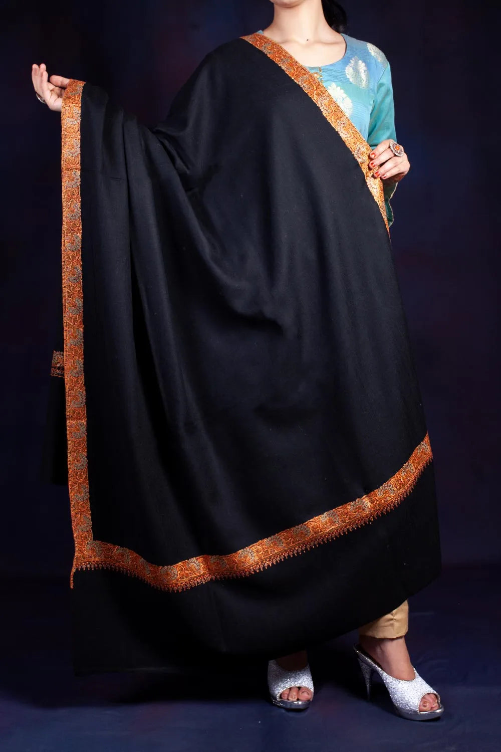 Black Dhoor Daar Golden Thread Sozni Embroidered Shawl