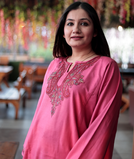 Pink Hand Sozni Embroidered Pheran