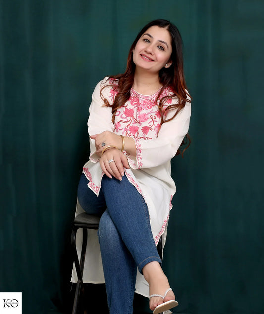 White Cotton Kurti With Pink Floral Embroidery