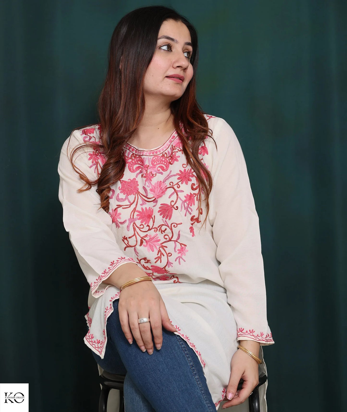 White Cotton Kurti With Pink Floral Embroidery