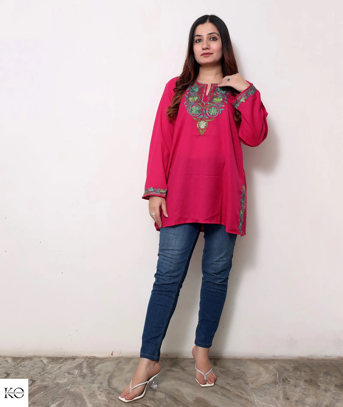 Magenta Pink Embroidered Cotton Short Kurti