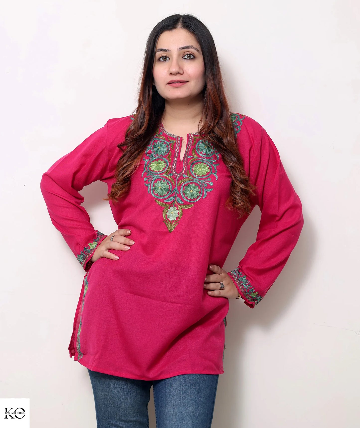 Magenta Pink Embroidered Cotton Short Kurti