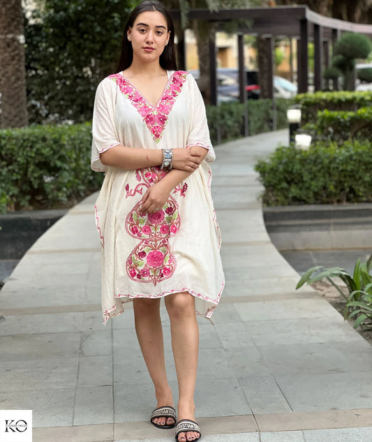 Creme Base Pink Floral Design Embroidered Short Kaftan