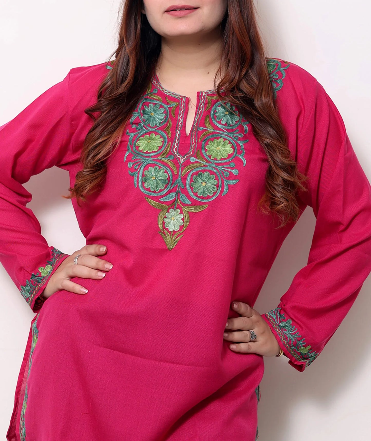 Magenta Pink Embroidered Cotton Short Kurti