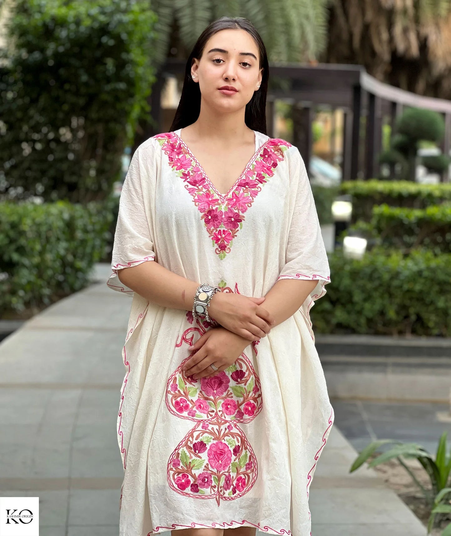 Creme Base Pink Floral Design Embroidered Short Kaftan