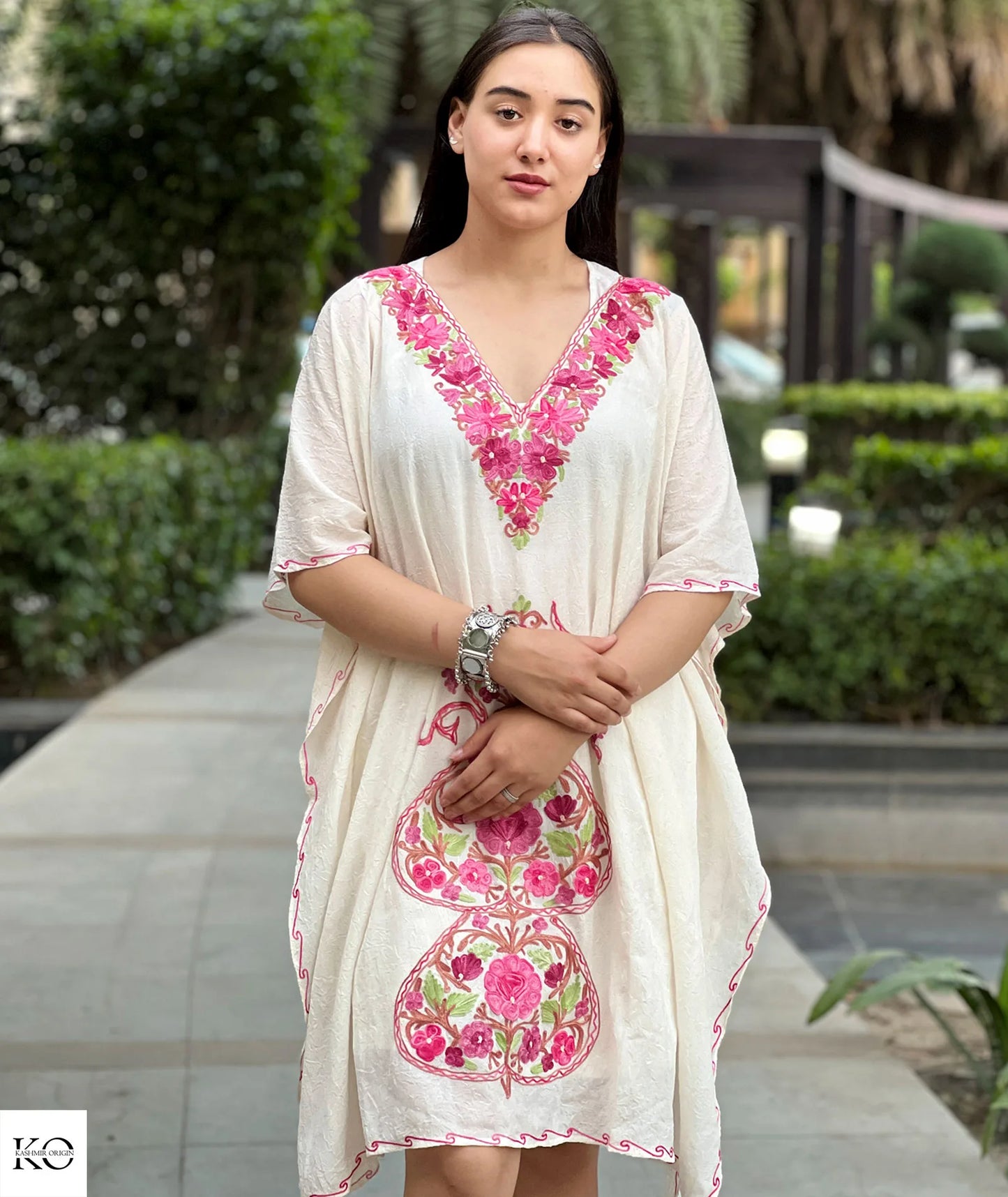 Creme Base Pink Floral Design Embroidered Short Kaftan