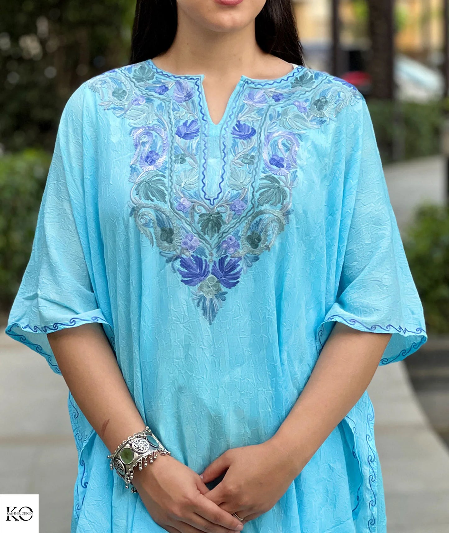 Sea Green Chinar Design Embroidered Short Kaftan