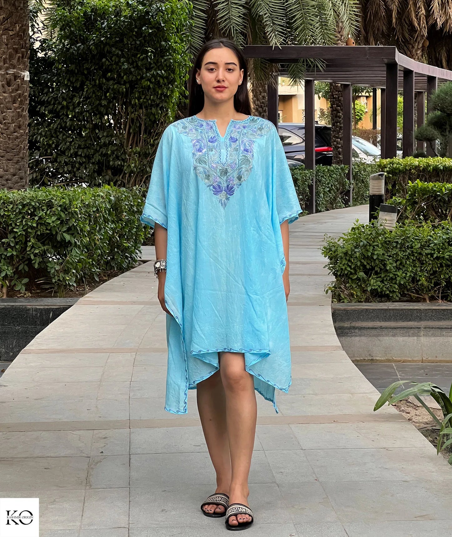 Sea Green Chinar Design Embroidered Short Kaftan