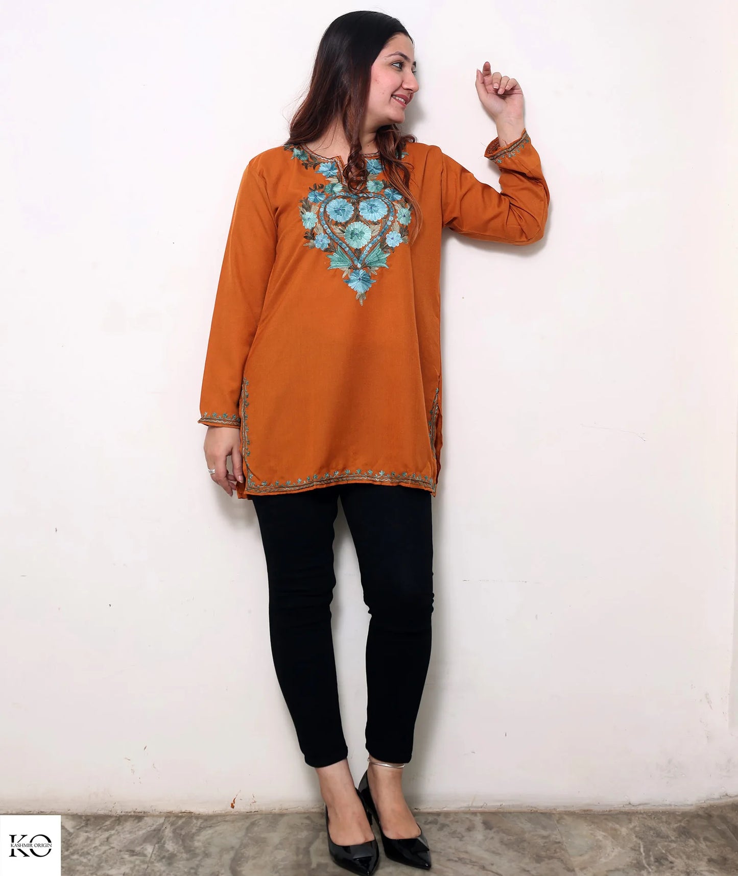 Rust Base Embroidered Cotton Short Kurti