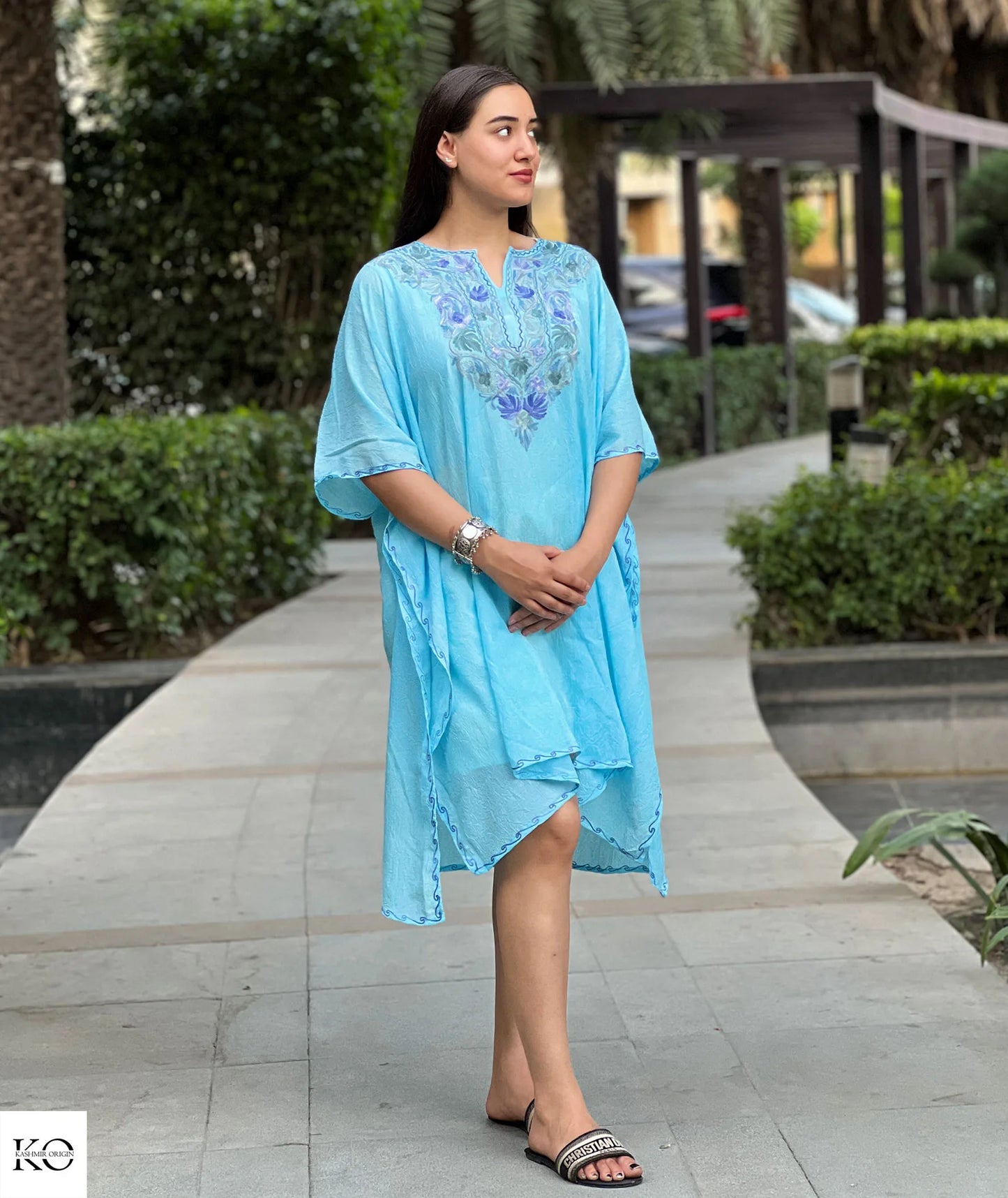 Sea Green Chinar Design Embroidered Short Kaftan