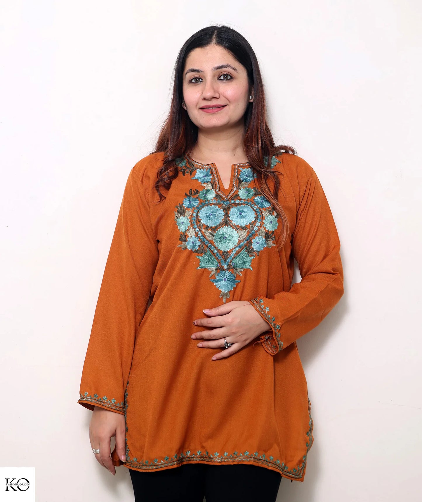 Rust Base Embroidered Cotton Short Kurti