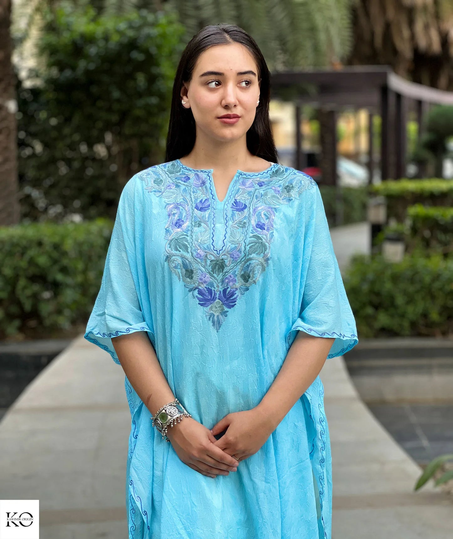 Sea Green Chinar Design Embroidered Short Kaftan