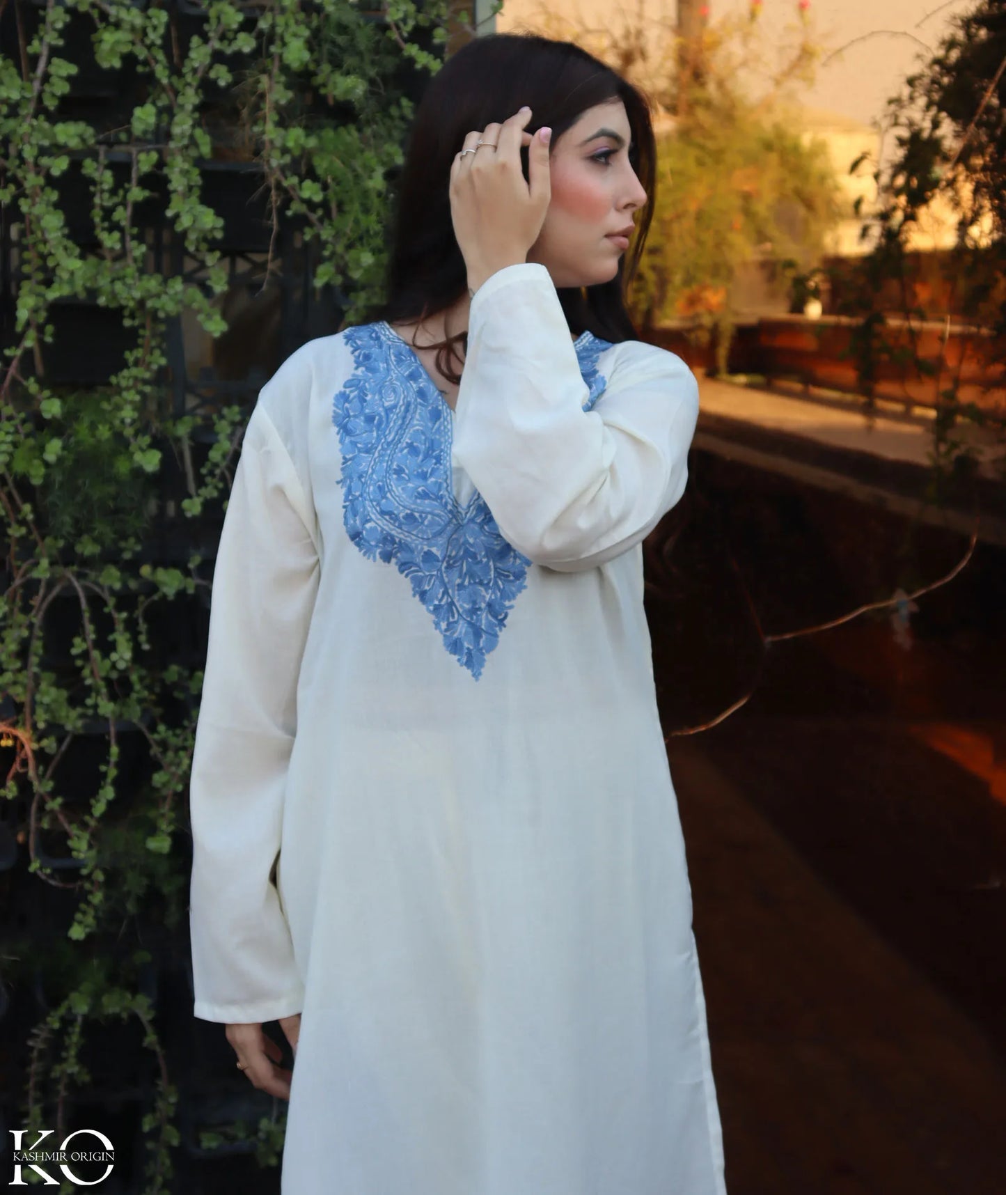 White & Blue Aari Embroidered Cotton Co ord Set Front Back Work