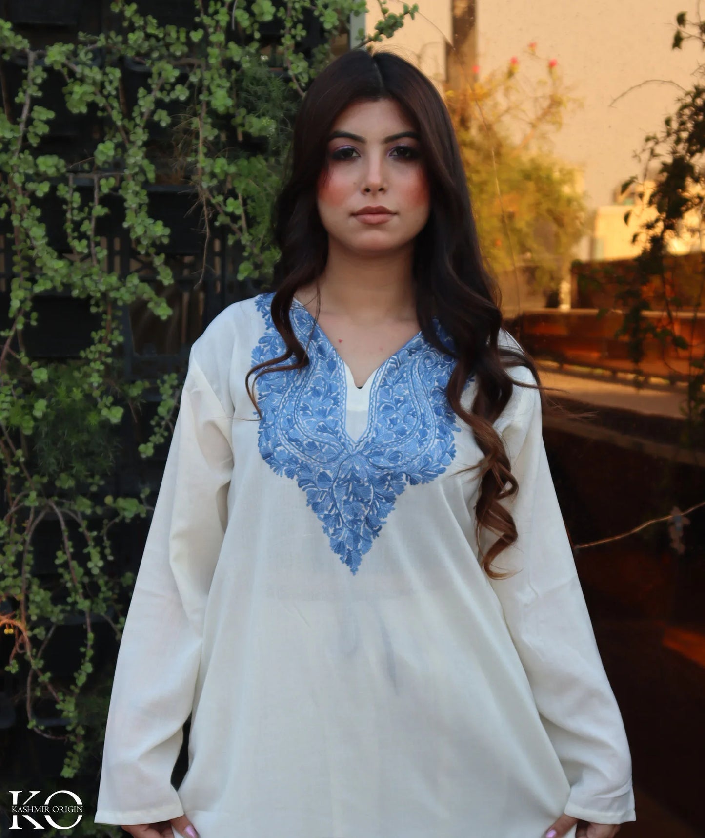 White & Blue Aari Embroidered Cotton Co ord Set Front Back Work