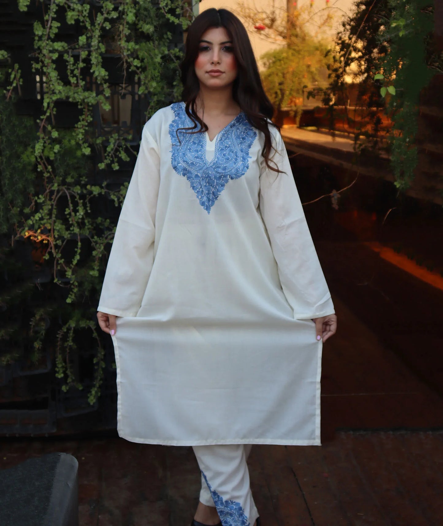 White & Blue Aari Embroidered Cotton Co ord Set Front Back Work