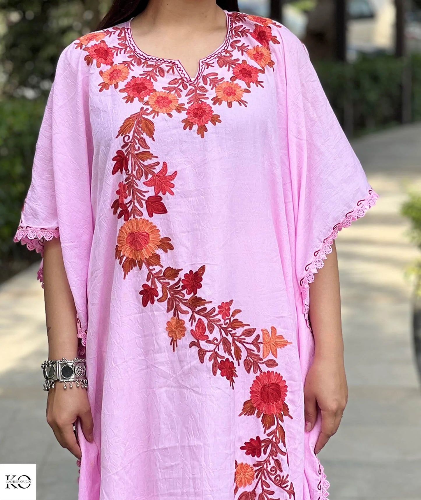 Rose Pink Posh Thaer Design Embroidered Cotton Kaftan with Lace