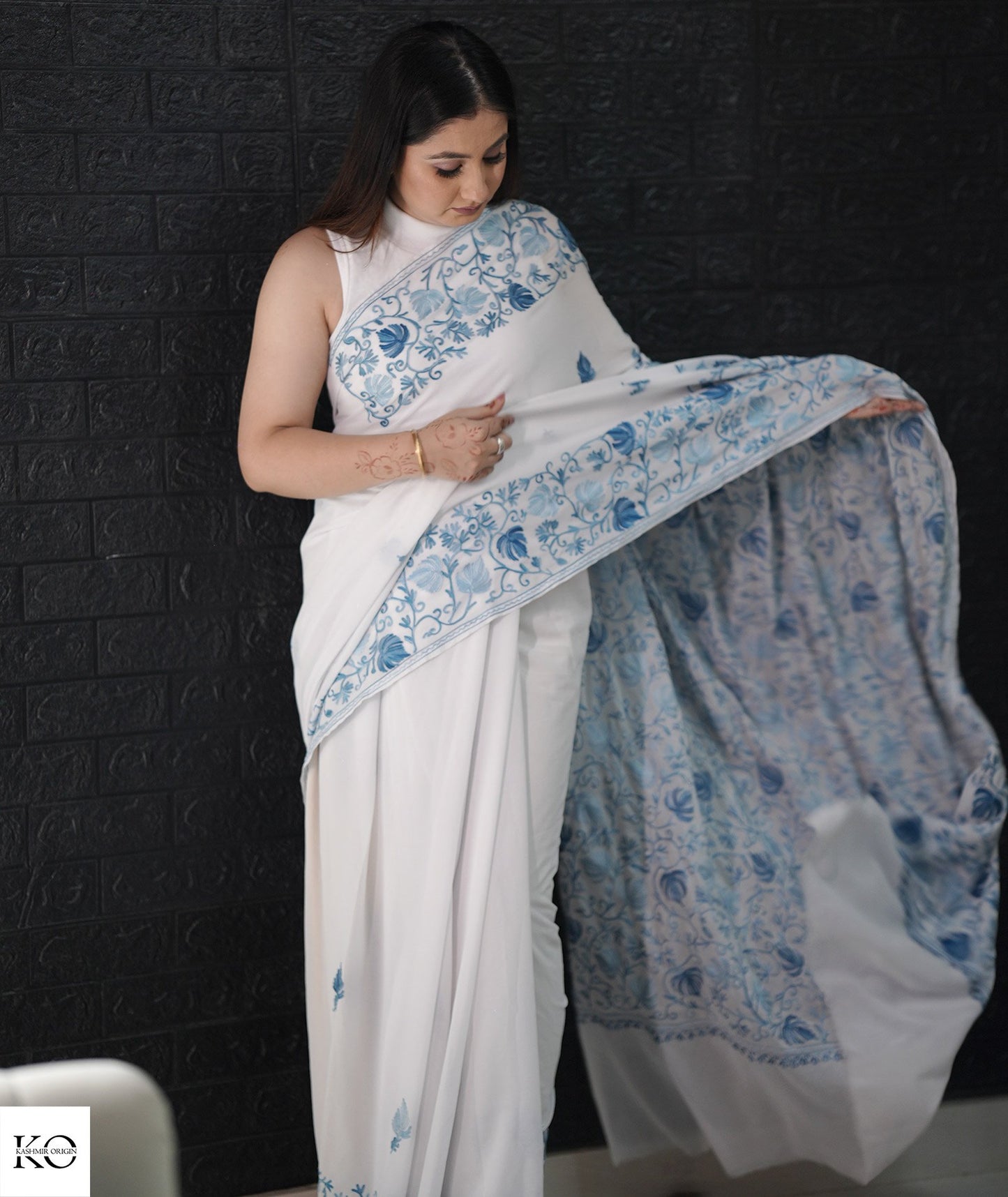 Skyish Blue Embroidered White Georgette Saree