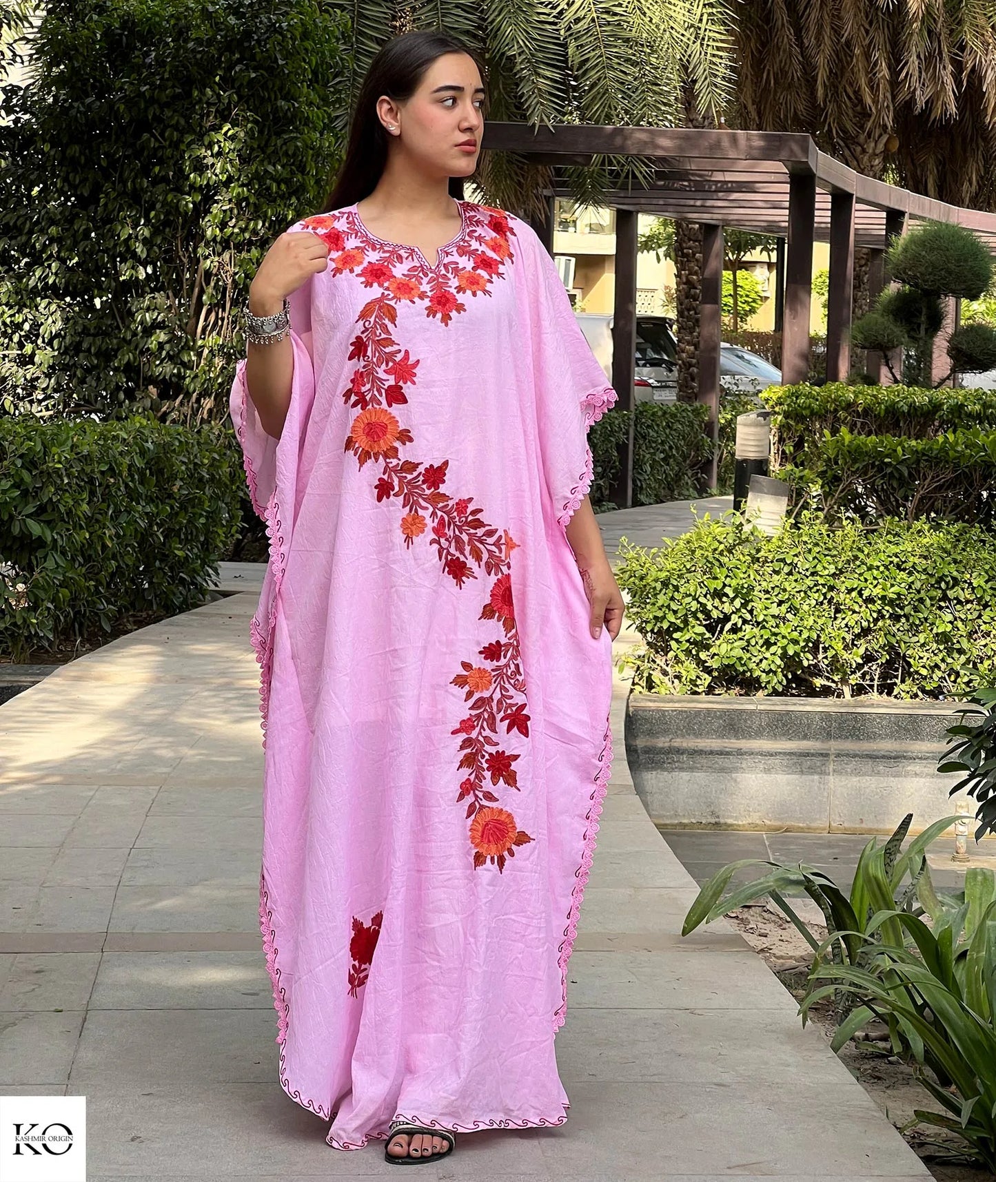 Rose Pink Posh Thaer Design Embroidered Cotton Kaftan with Lace